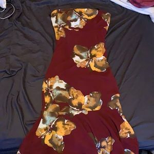 burgundy strapless dress with a beautiful floral design